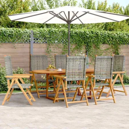 Ensemble à manger de jardin 7 pcs gris rotin et bois massif