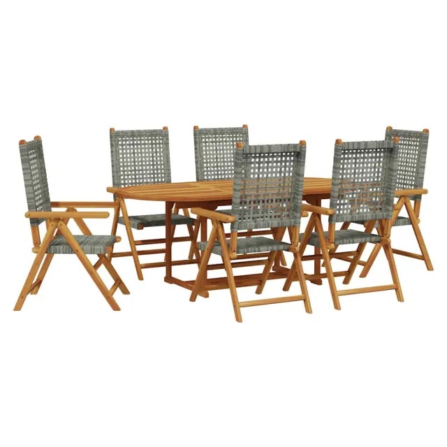 Ensemble à manger de jardin 7 pcs gris rotin et bois massif