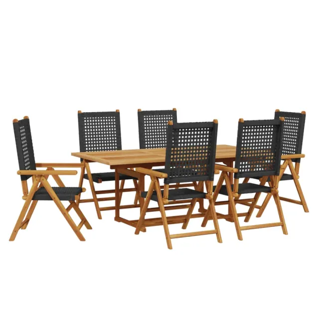 Ensemble à manger de jardin 7 pcs noir rotin et bois massif