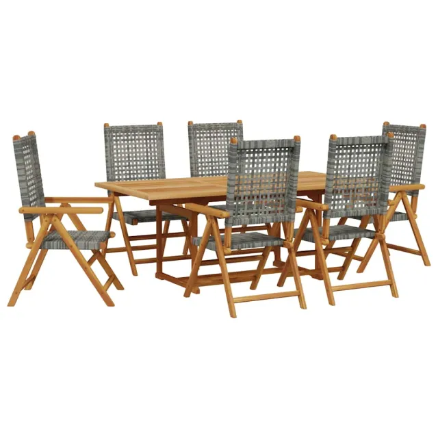Ensemble à manger de jardin 7 pcs gris rotin et bois massif