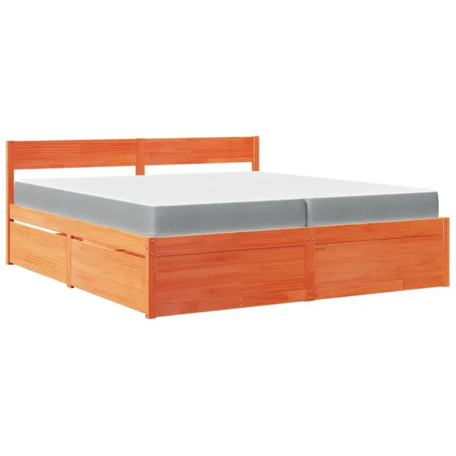 Lit avec tiroirs/matelas cire marron 200x200 cm bois massif pin