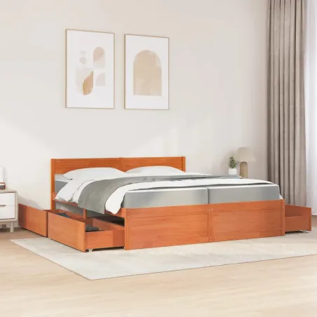 Lit avec tiroirs/matelas cire marron 200x200 cm bois massif pin