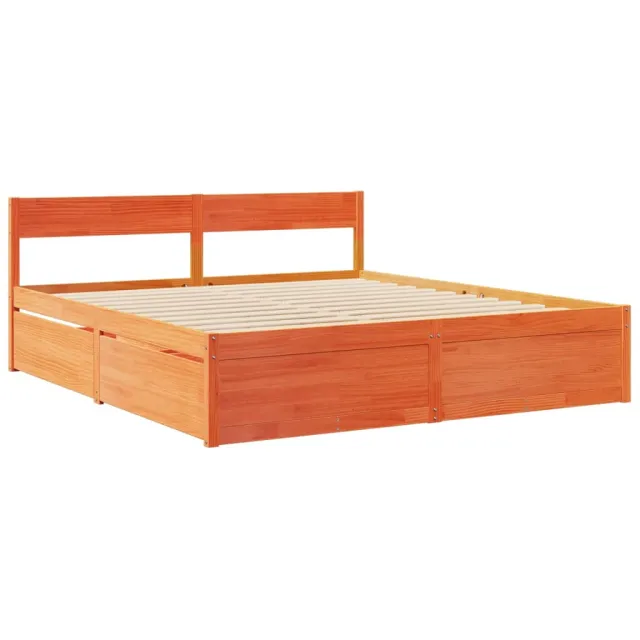 Lit avec tiroirs/matelas cire marron 200x200 cm bois massif pin