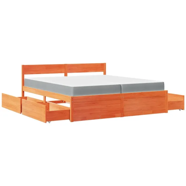 Lit avec tiroirs/matelas cire marron 200x200 cm bois massif pin