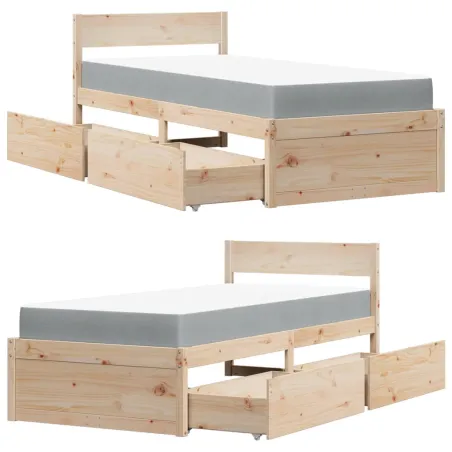Lit avec tiroirs et matelas 100x200 cm bois massif de pin