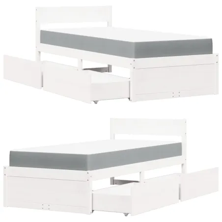 Lit avec tiroirs et matelas blanc 100x200 cm bois massif de pin