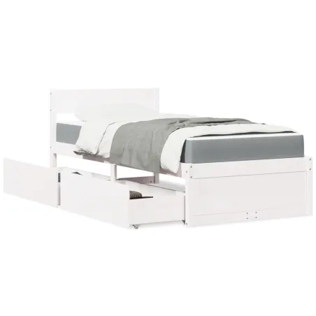 Lit avec tiroirs et matelas blanc 90x200 cm bois massif de pin