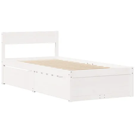 Lit avec tiroirs et matelas blanc 90x200 cm bois massif de pin