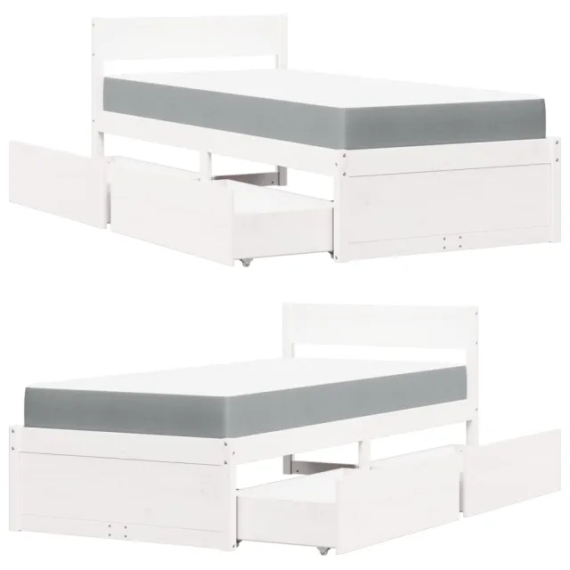 Lit avec tiroirs et matelas blanc 90x200 cm bois massif de pin