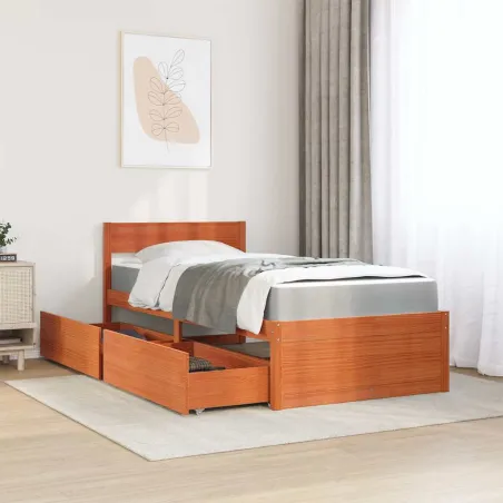 Lit avec tiroirs/matelas cire marron 90x200 cm bois massif pin