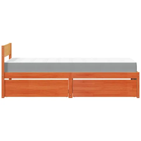 Lit avec tiroirs/matelas cire marron 90x200 cm bois massif pin