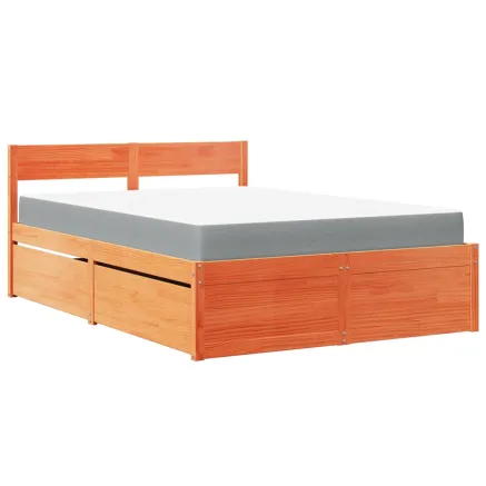 Lit avec tiroirs/matelas cire marron 140x190 cm bois massif pin 2