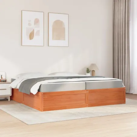 Lit avec matelas cire marron 200x200 cm bois massif de pin