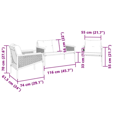 Ensemble de meubles de balcon avec coussins 3 pcs noir acier