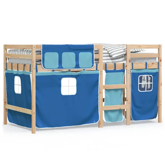 Lit mezzanine enfants avec rideaux sans matelas bleu 90x190 cm