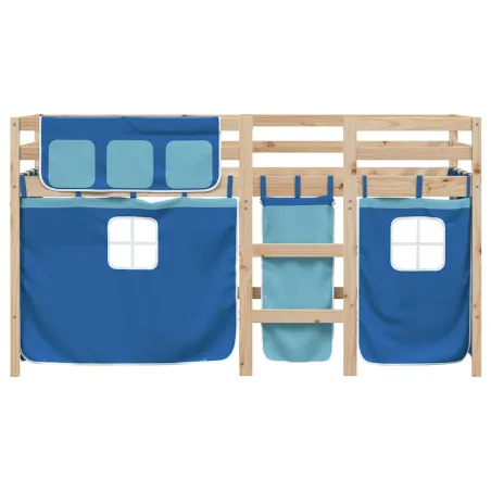 Lit mezzanine enfants avec rideaux sans matelas bleu 90x190 cm