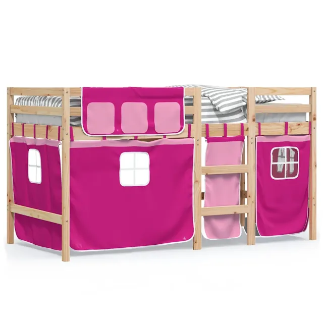 Lit mezzanine enfants avec rideaux sans matelas rose 90x190 cm