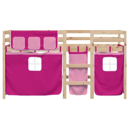 Lit mezzanine enfants avec rideaux sans matelas rose 90x190 cm
