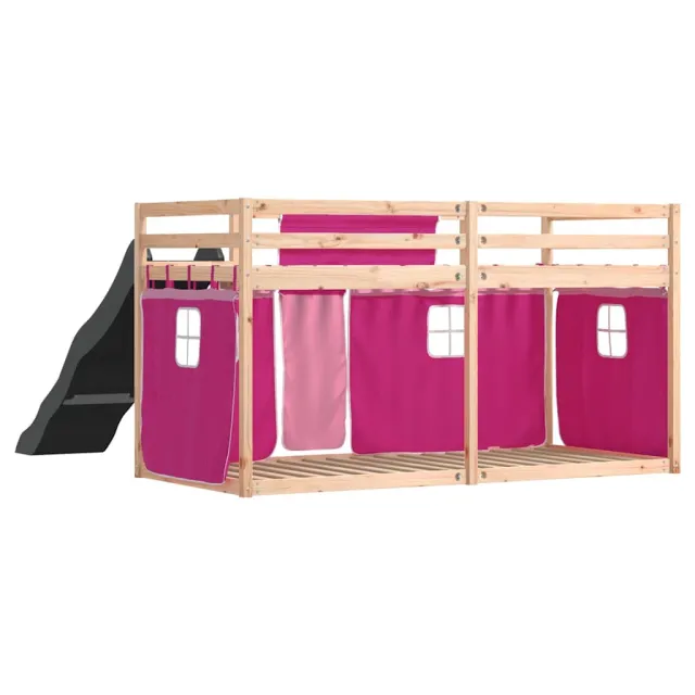 Lit superposé sans matelas avec toboggan et rideaux 90x200 cm