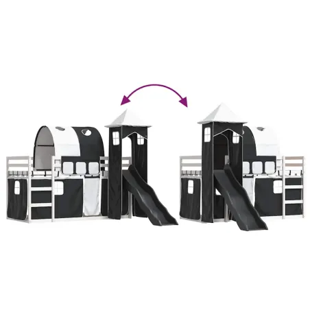 Lit superposé sans matelas avec toboggan blanc noir 90x200 cm