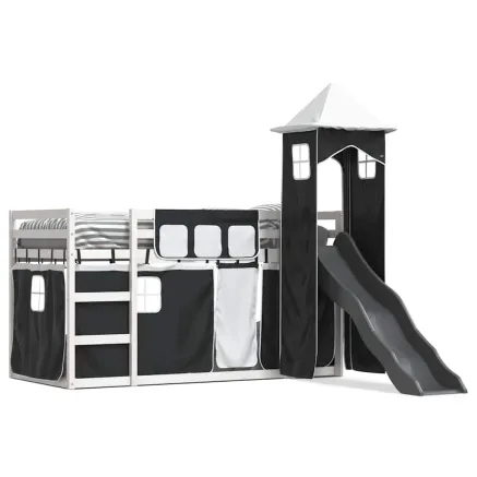 Lit superposé sans matelas avec toboggan blanc noir 90x200 cm 2