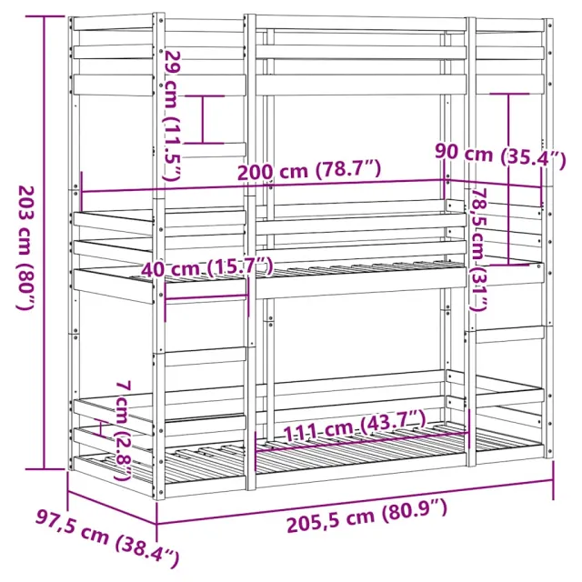 Lit superposé triple sans matelas 90x200 cm bois de pin massif