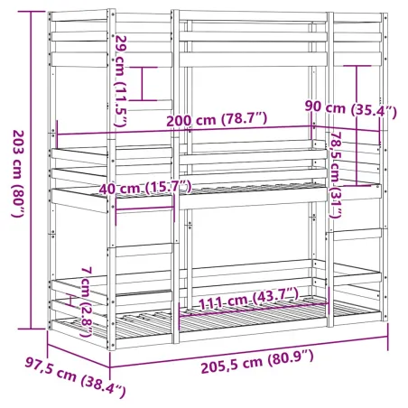 Lit superposé triple sans matelas 90x200 cm bois de pin massif