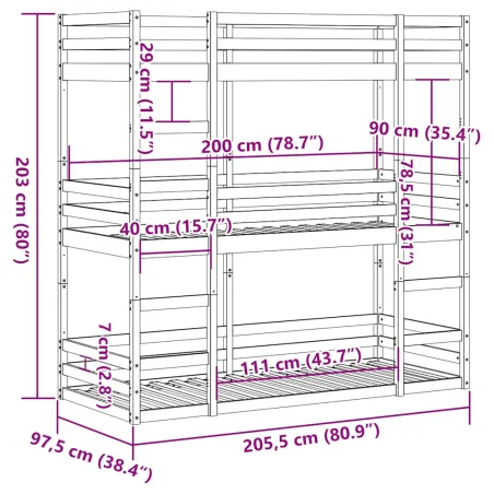 Lit superposé triple sans matelas 90x200 cm bois de pin massif