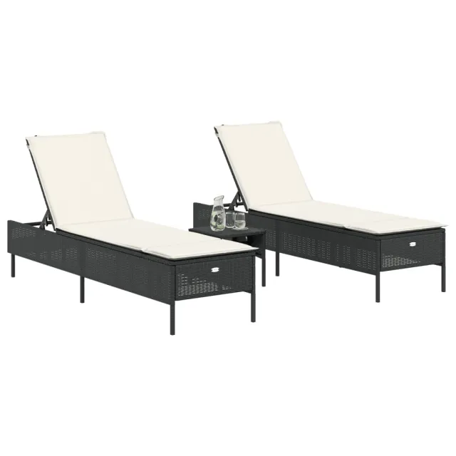 Ensemble de chaises longues avec coussins 3 pcs noir poly rotin