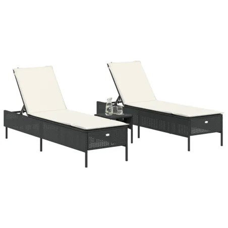 Ensemble de chaises longues avec coussins 3 pcs noir poly rotin