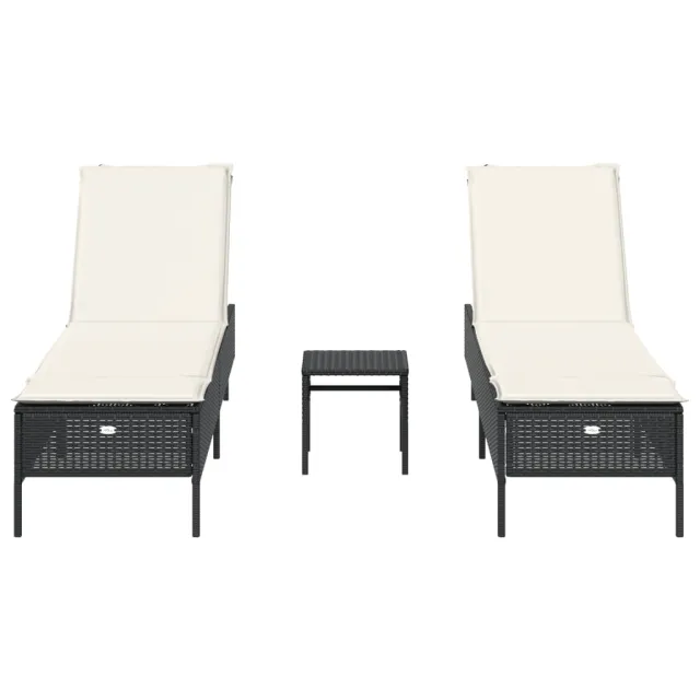 Ensemble de chaises longues avec coussins 3 pcs noir poly rotin