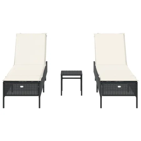 Ensemble de chaises longues avec coussins 3 pcs noir poly rotin