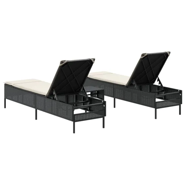 Ensemble de chaises longues avec coussins 3 pcs noir poly rotin