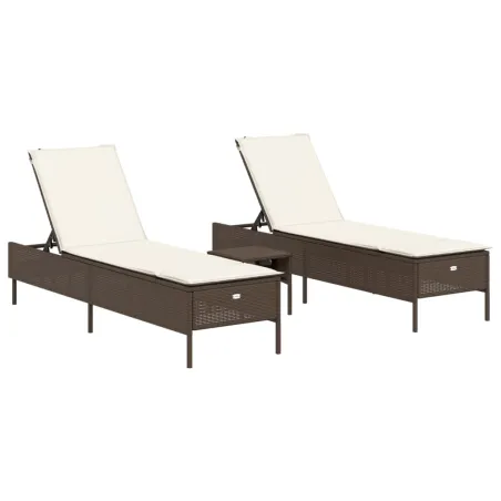 Ensemble de chaises longues et coussins 3 pcs marron poly rotin