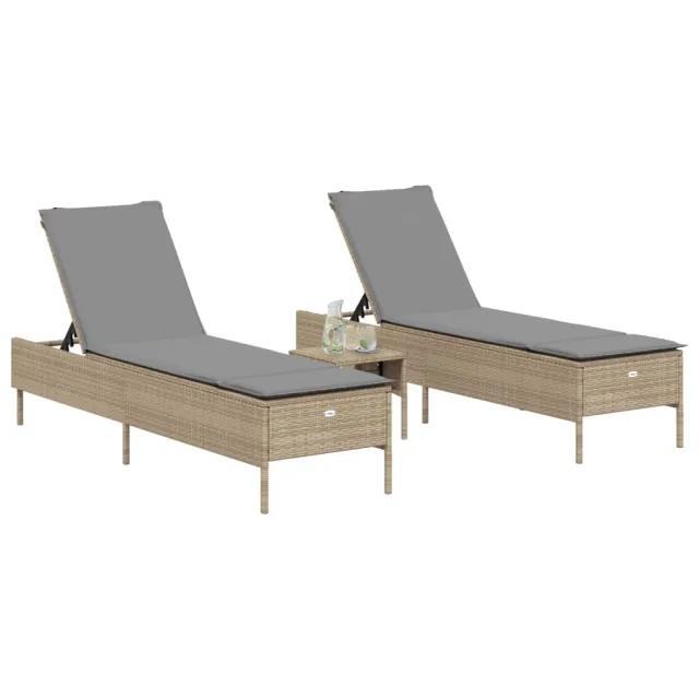 Ensemble de chaises longues avec coussins 3pcs beige poly rotin