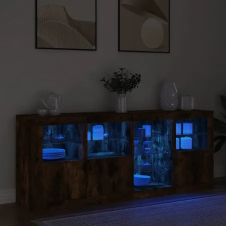 Buffet avec lumières LED chêne fumé 164x37x67 cm
