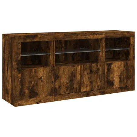 Buffet avec lumières LED chêne fumé 142,5x37x67 cm