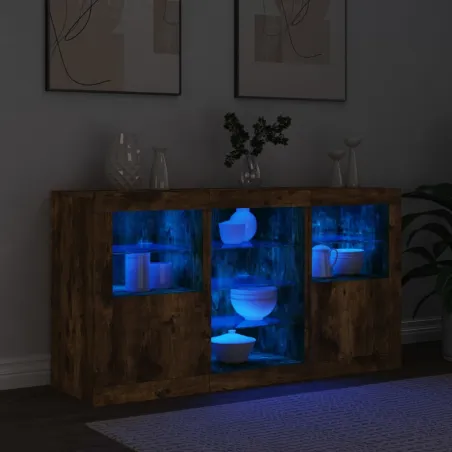 Buffet avec lumières LED chêne fumé 123x37x67 cm