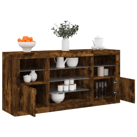 Buffet avec lumières LED chêne fumé 142,5x37x67 cm