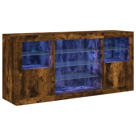 Buffet avec lumières LED chêne fumé 142,5x37x67 cm 2