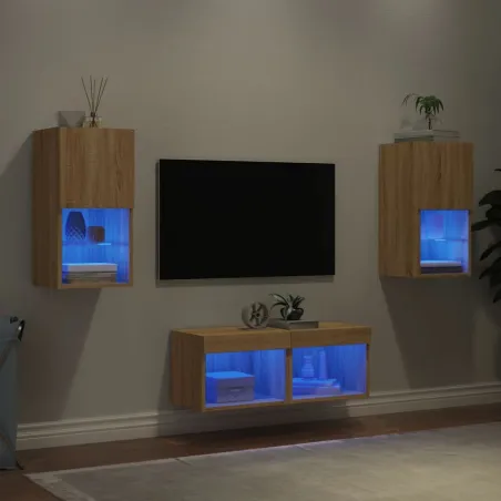 Meuble TV muraux 4 pcs avec lumières LED chêne sonoma