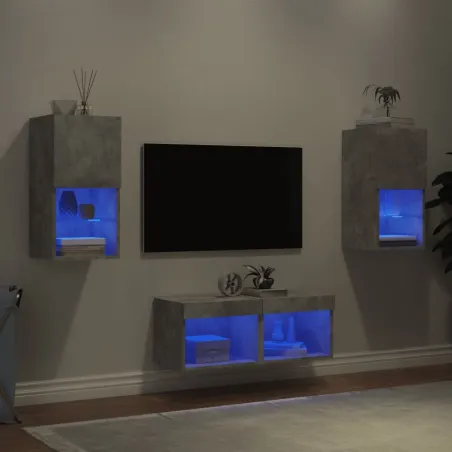 Meuble TV muraux 4 pcs avec lumières LED gris béton