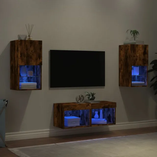 Meuble TV muraux 4 pcs avec lumières LED chêne fumé