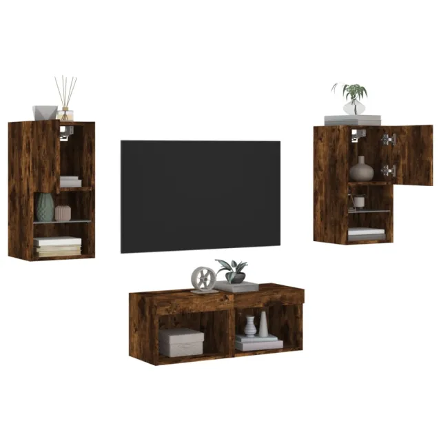 Meuble TV muraux 4 pcs avec lumières LED chêne fumé