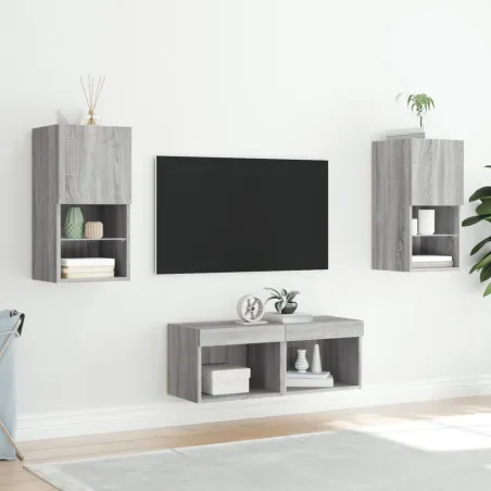 Meuble TV muraux 4 pcs avec lumières LED sonoma gris