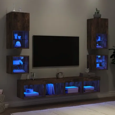 Unités murales TV avec LED 8 pcs chêne fumé bois d'ingénierie